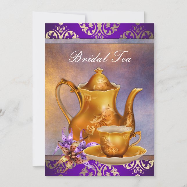 Elegant Orchid Gold and Purple Bridal Tea Party Invitation (Front)