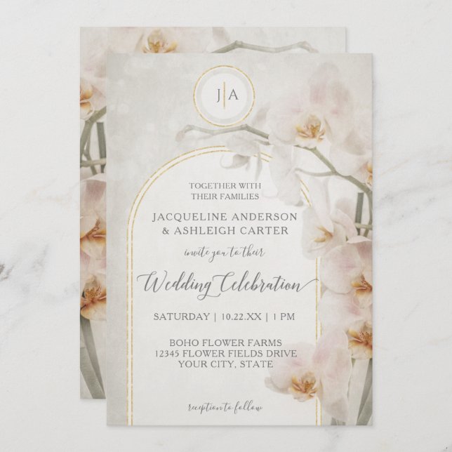 Elegant Orchid Gold Arch Muted Neutral Monogram In Invitation (Front/Back)