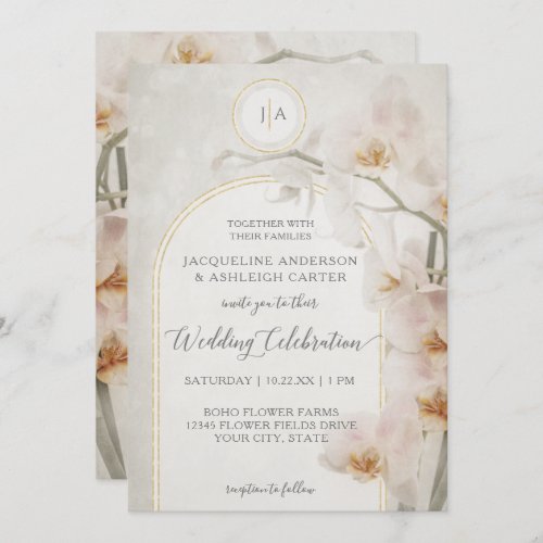Elegant Orchid Gold Arch Muted Neutral Monogram In Invitation
