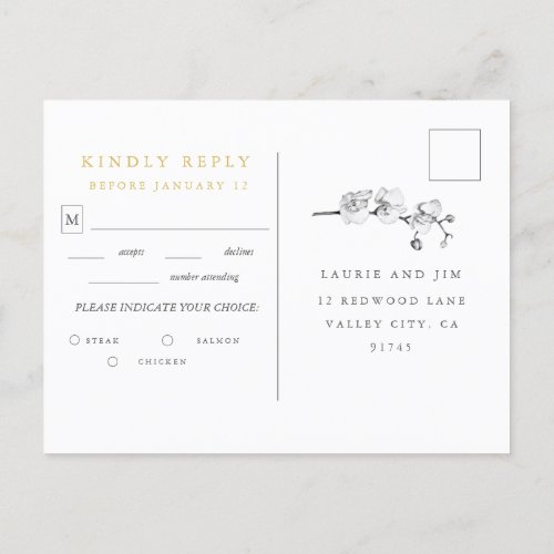 Elegant Orchid Gold Wedding RSVP with Meal Choice  Invitation Postcard