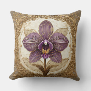 Elegant Orchid in Intricate Golden Frame Throw Pillow