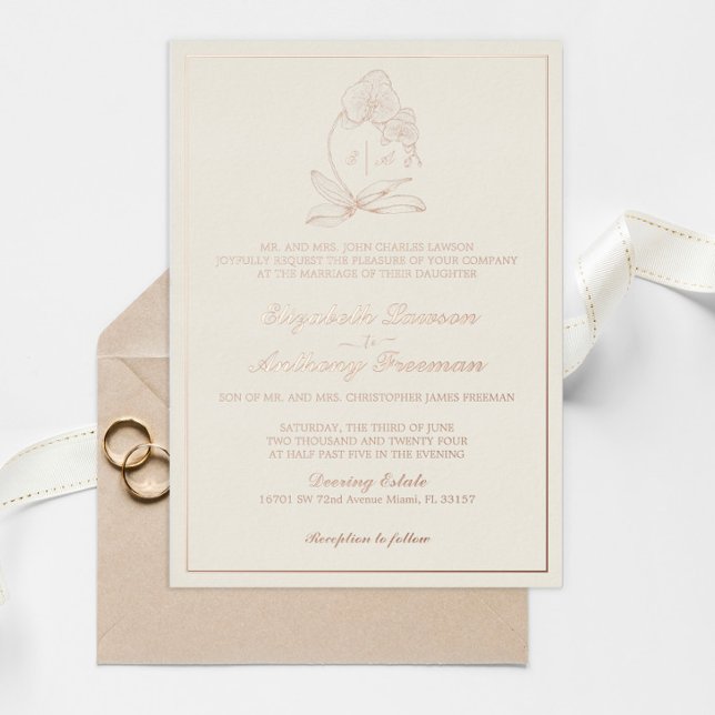 Elegant Orchid Monogram Gold Foil Formal Wedding Invitation (Creator Uploaded)