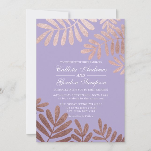 Elegant Orchid Purple Rose Gold Leaves Wedding Invitation (Front)