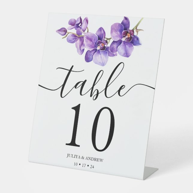 Elegant Orchid script wedding Table Number Pedestal Sign (Front)