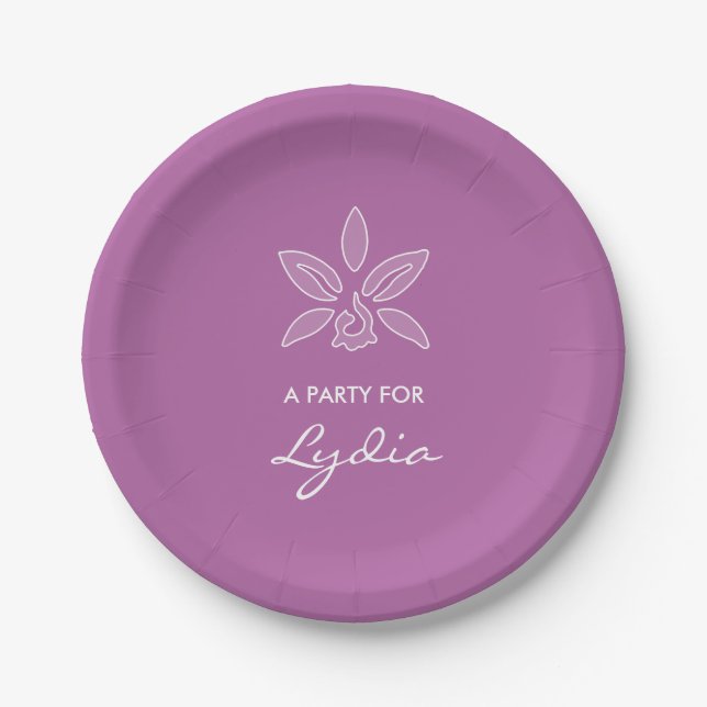Elegant Orchid Simple Bold Purple Flower With Name Paper Plates (Front)