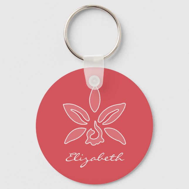 Elegant Orchid Simple Hot Red Flower With Name Keychain (Front)