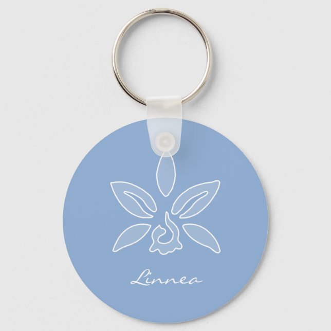 Elegant Orchid Simple Powder Blue Flower With Name Keychain (Front)
