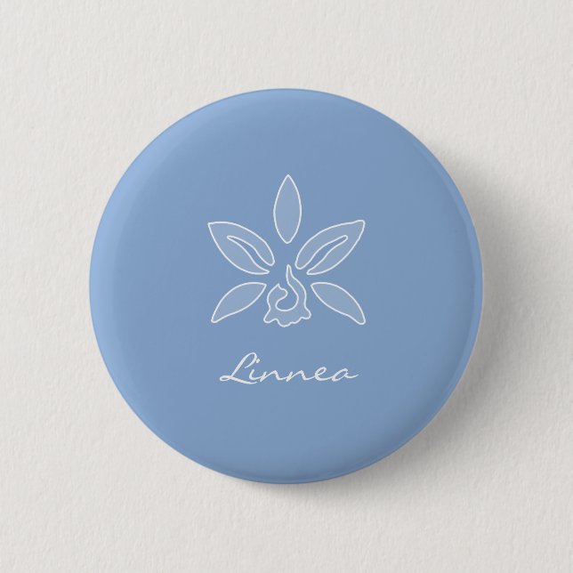 Elegant Orchid Simple Powder Blue Flower With Name Pinback Button (Front)