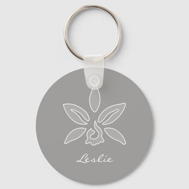 Elegant Orchid Simple Rich Gray Flower With Name Keychain (Front)