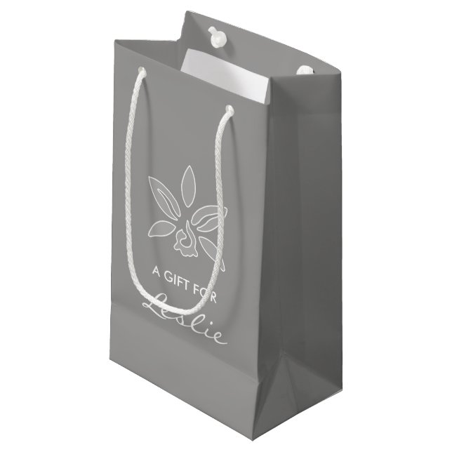 Elegant Orchid Simple Rich Gray Flower With Name Small Gift Bag (Front Angled)
