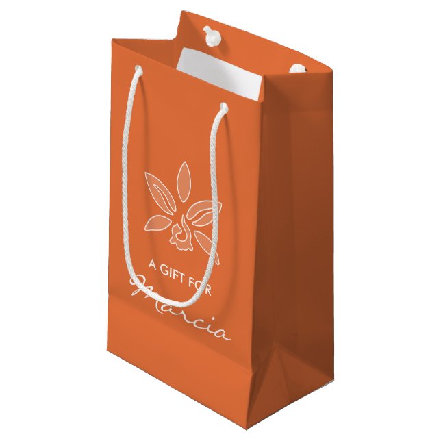 Elegant Orchid Simple Rich Orange Flower With Name Small Gift Bag (Front Angled)