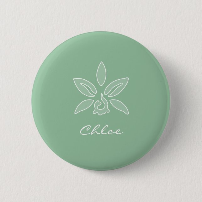 Elegant Orchid Simple Spring Green Flower and Name Button (Front)