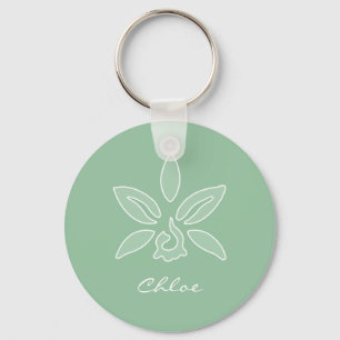 Elegant Orchid Simple Spring Green Flower and Name Keychain