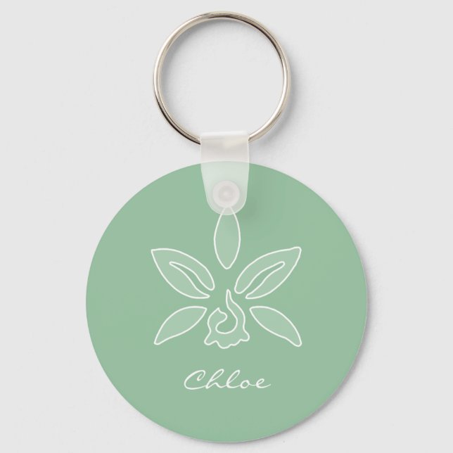 Elegant Orchid Simple Spring Green Flower and Name Keychain (Front)