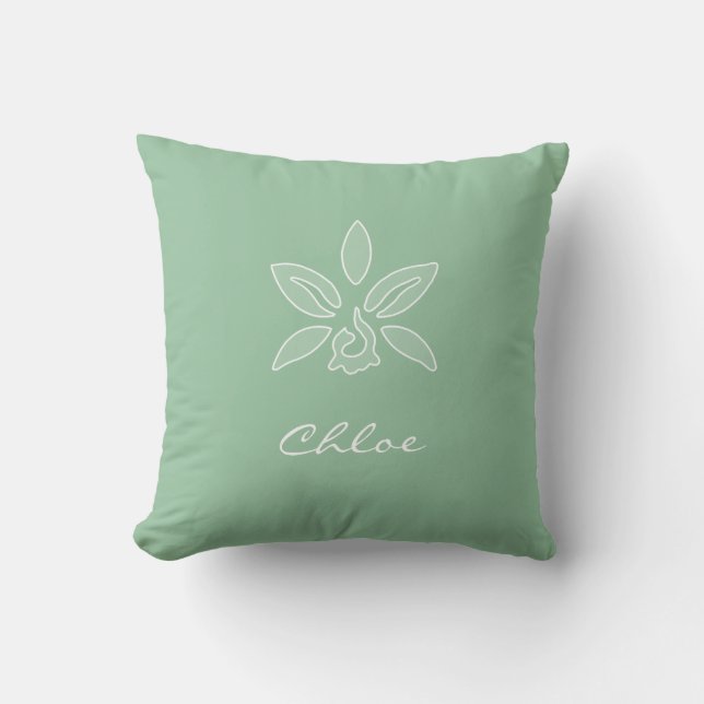 Elegant Orchid Simple Spring Green Flower and Name Throw Pillow (Front)