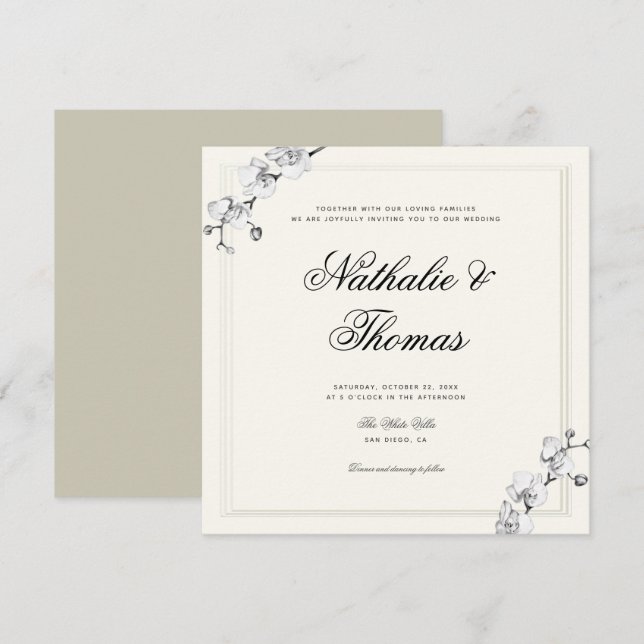 Elegant Orchids Black White Faux Embossed Wedding Invitation (Front/Back)