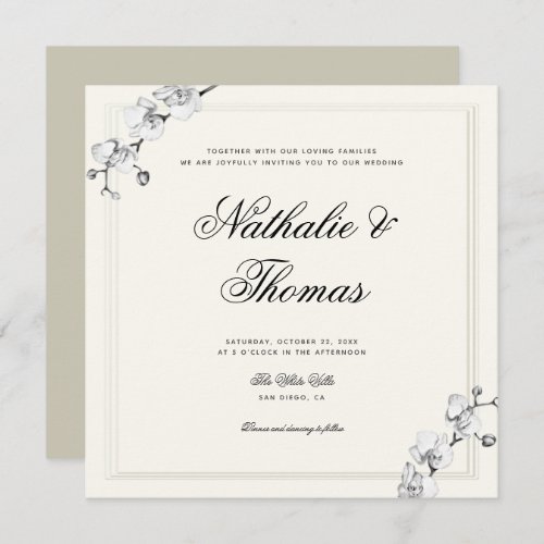 Elegant Orchids Black White Faux Embossed Wedding Invitation
