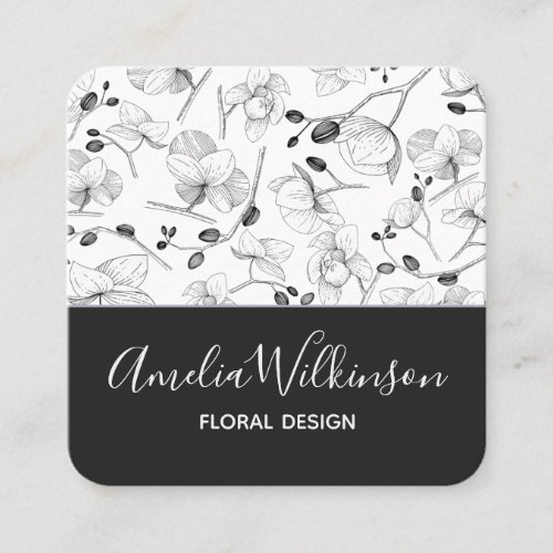 Elegant orchids black  white floral delicate chic square business card