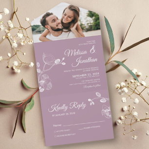 Elegant orchids dusty purple floral wedding all in one invitation