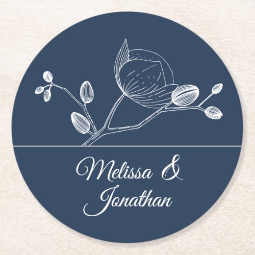 Elegant orchids floral modern blue wedding  round paper coaster