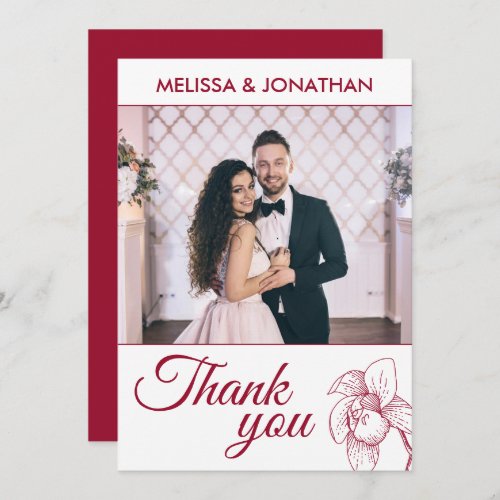 Elegant orchids floral modern red wedding photo thank you card