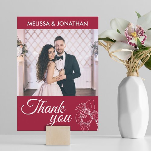 Elegant orchids floral modern red wedding photo thank you card