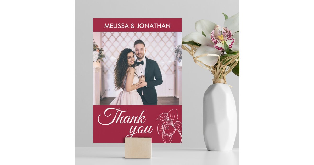 Elegant orchids floral modern red wedding photo thank you card | Zazzle