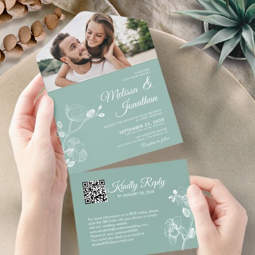Elegant orchids mint green floral QR Code wedding All In One Invitation