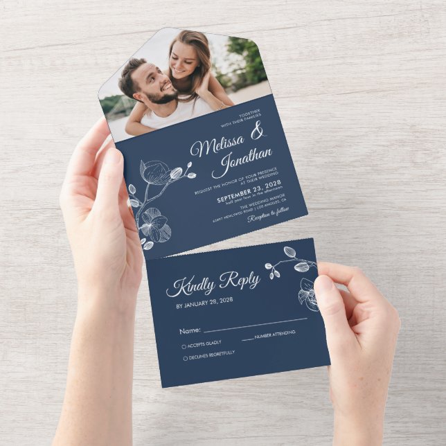 Elegant orchids Prussian blue floral wedding All In One Invitation (Tearaway)
