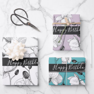 Elegant orchids white lavender turquoise floral wrapping paper sheets