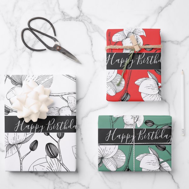 Elegant orchids white red green chic floral wrapping paper sheets (Front)