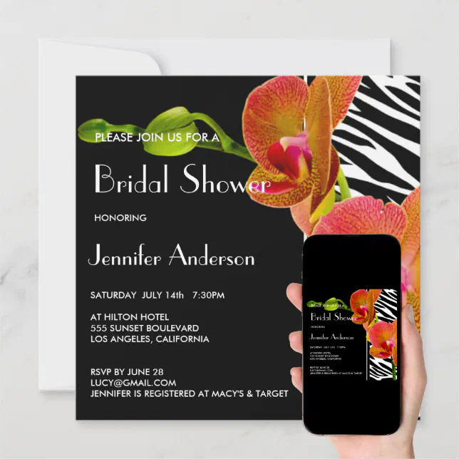 Elegant Orchids Zebra Print Bridal Shower Invites Zazzle