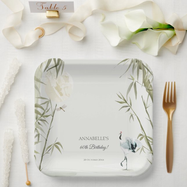 Elegant Oriental Bamboo Crane Birthday Party Paper Plates (Wedding)