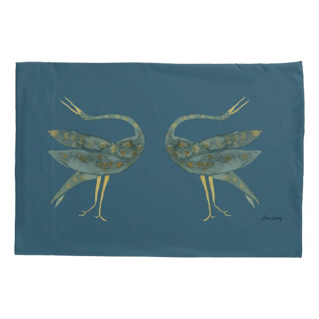 Elegant oriental dancing cranes on slate blue pillow case (Back)
