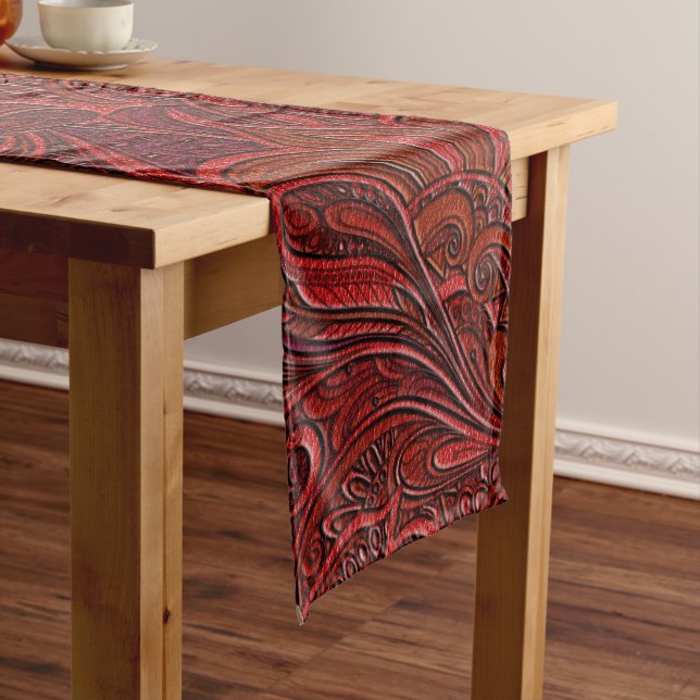 Elegant Oriental Floral Swirl on Red Leather Short Table Runner (In Situ)