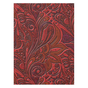 Elegant Oriental Floral Swirl on Red Leather Tablecloth