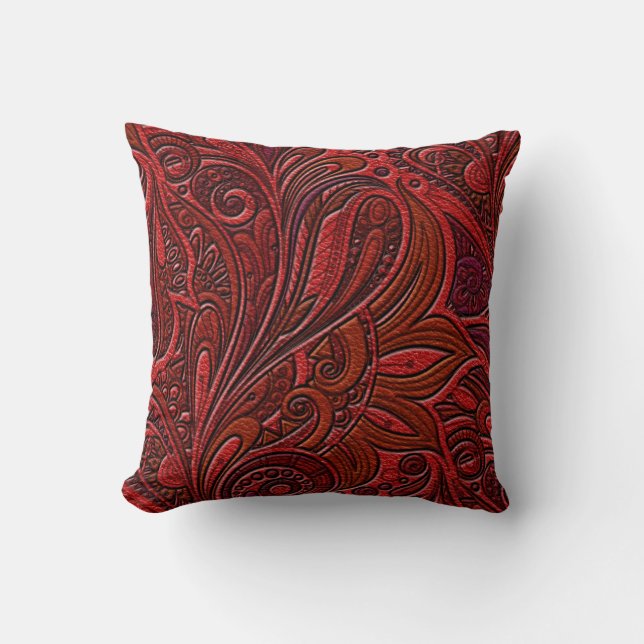 Elegant Oriental Floral Swirl on Red Leather Throw Pillow (Front)