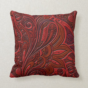 Elegant Oriental Floral Swirl on Red Leather Throw Pillow