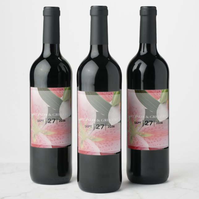 Elegant Oriental Lilies Wedding Wine Label (Bottles)