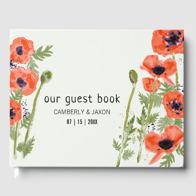 Elegant Oriental Orange Poppy Flowers Guest Book (Front)