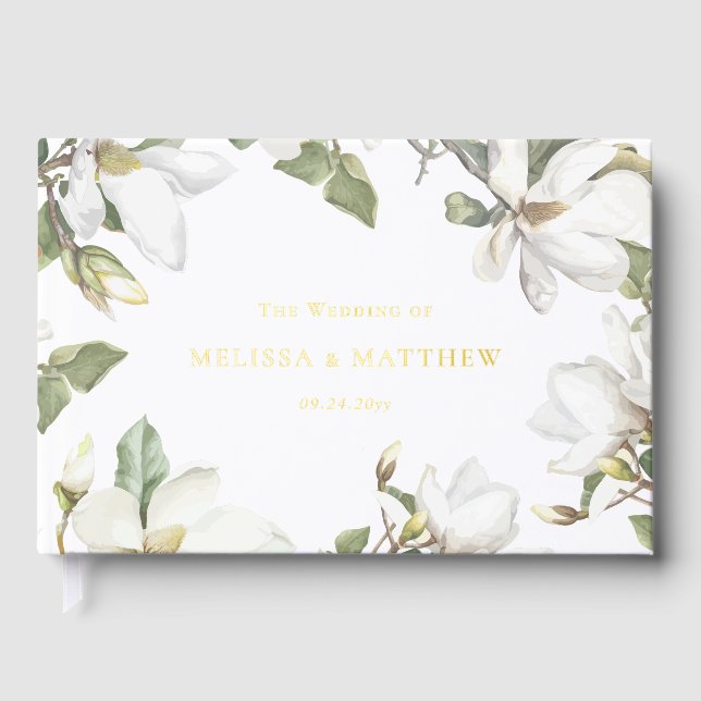 Elegant Oriental White Magnolia Wedding Foil Guest Book (Front)