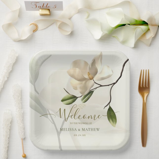 Elegant Oriental White Magnolia Wedding Paper Plates (Wedding)