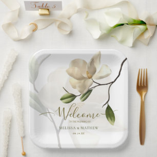 Elegant Oriental White Magnolia Wedding Paper Plates