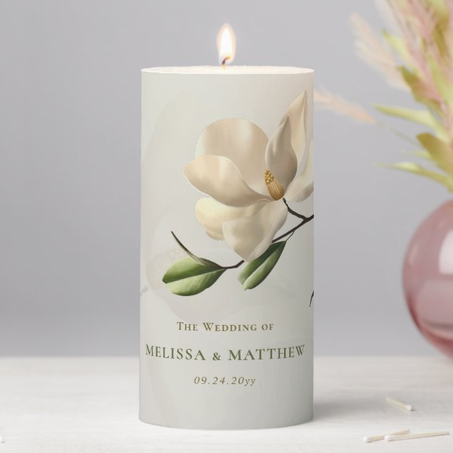 Elegant Oriental White Magnolia Wedding Pillar Candle (In Situ)