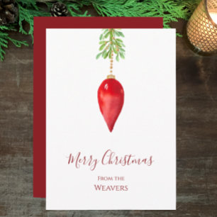 Elegant Original Watercolor Red Greenery Christmas Holiday Card