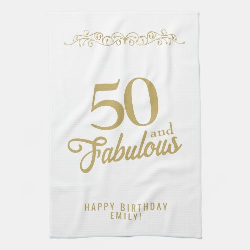 Elegant Ornament 50 and Fabulous 50th Birthday Kitchen Towel