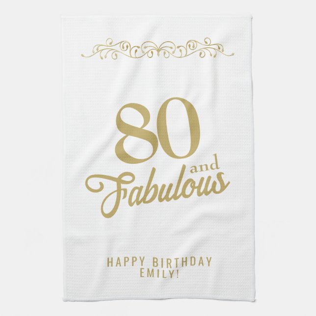 Elegant Ornament 80 and Fabulous 80th Birthday Kitchen Towel (Vertical)