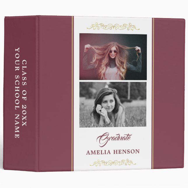 Elegant Ornament Burgundy Graduation Photo Album 3 Ring Binder (Front/Spine)
