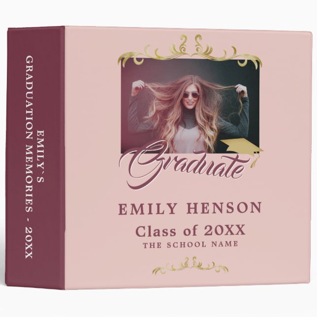 Elegant Ornament Dusty Pink Graduation Photo Album 3 Ring Binder (Front/Spine)