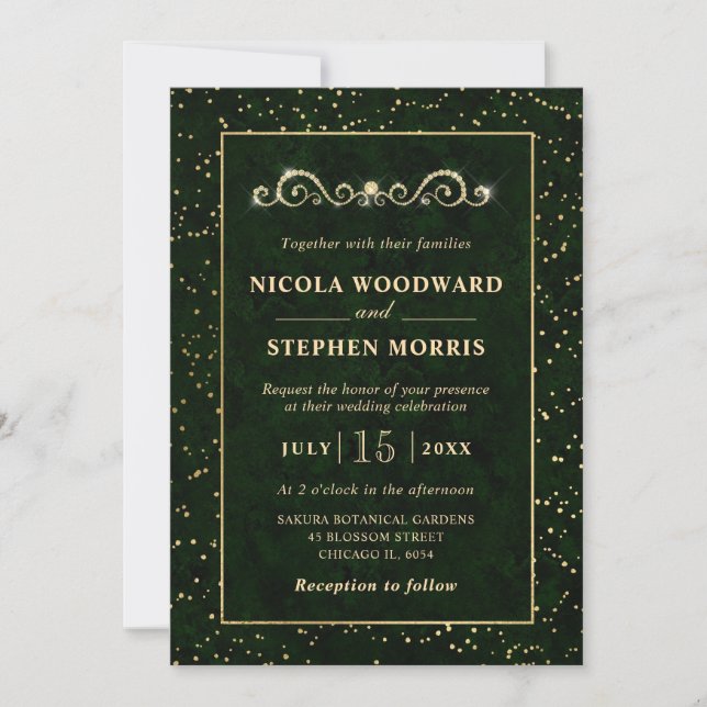 Elegant Ornament Gold Frame Green Marble Wedding Invitation (Front)